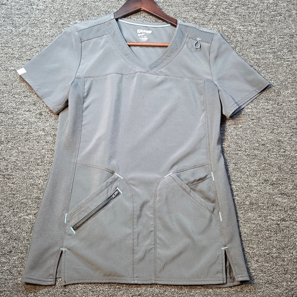 Scrubstar Scrub Top Womens XS Grey Performance V Neck Mesh Zipper Pocket Medical